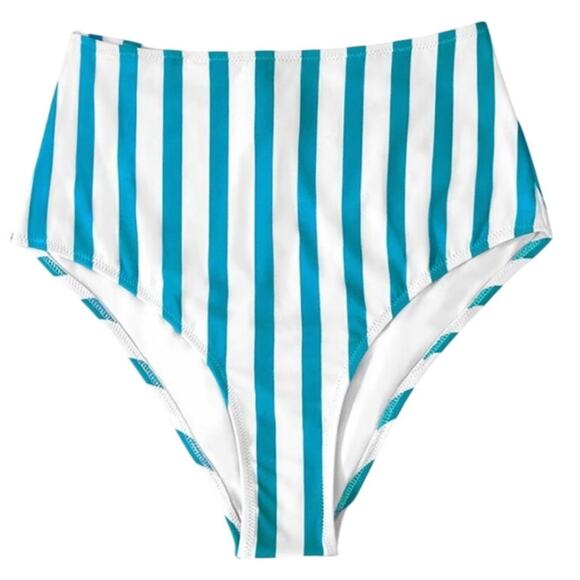 Cupshe Blue and White Stripe High-Waisted Bikini Bottom Medium Swimwear New - Picture 1 of 5